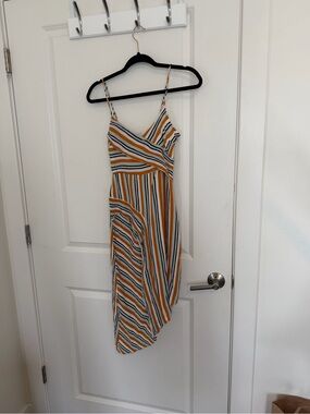 Lulu's Yellow White Black Striped Asymmetrical Slip Dress